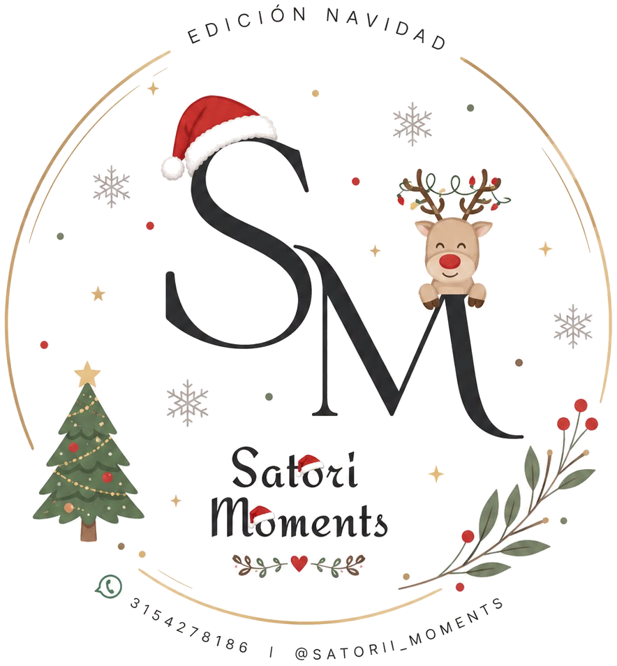 Sello Edición Navidad de Satori Moments, con un reno, un arbolito y el nombre de la marca
